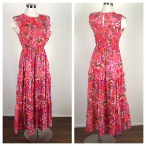 BANJANAN Iris Midi Dress in Techni Floral Print Tiered Smocked Ruffles Size M